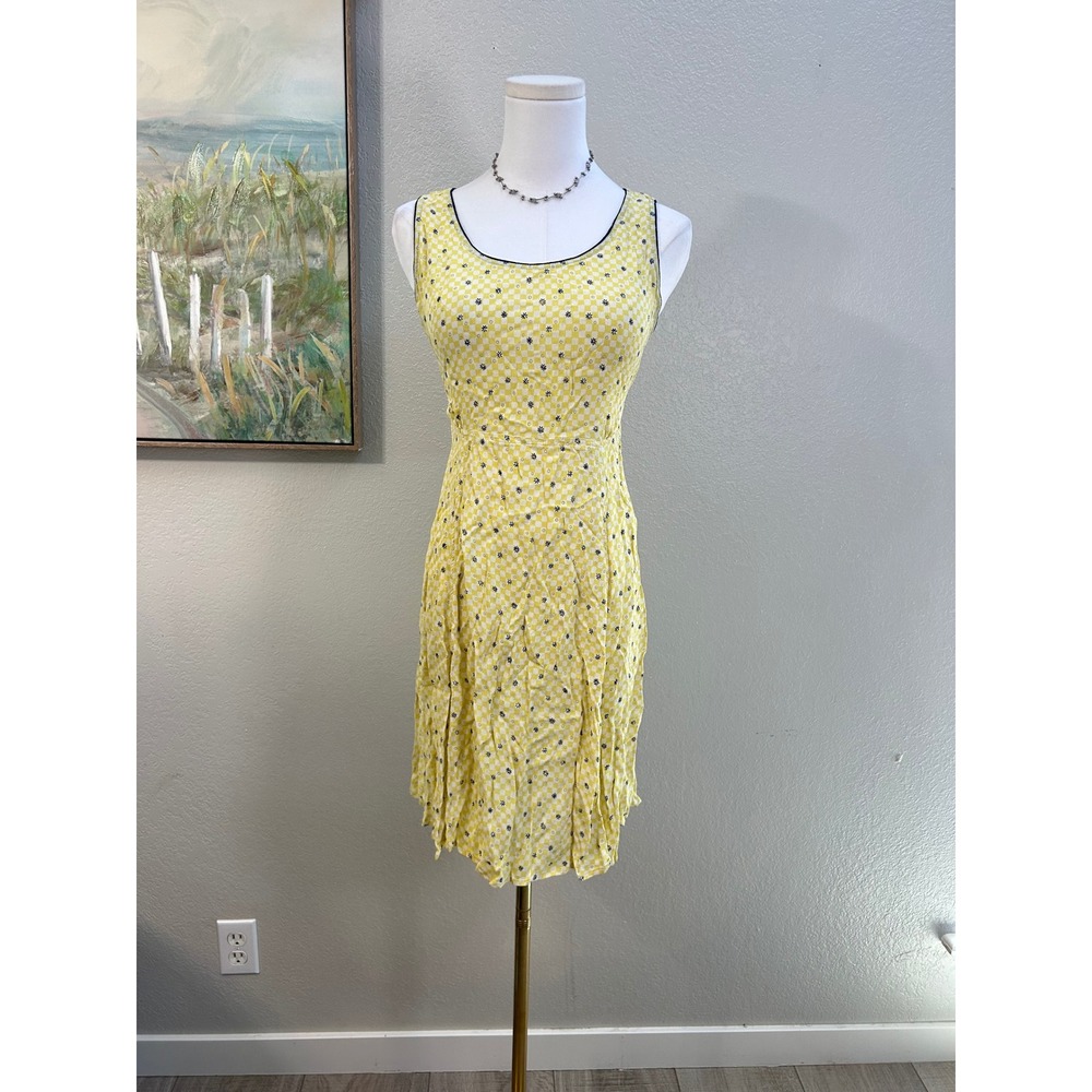 Yellow Gingham Floral Midi Dress Tie Back Sleeveless Cottagecore Size M‎